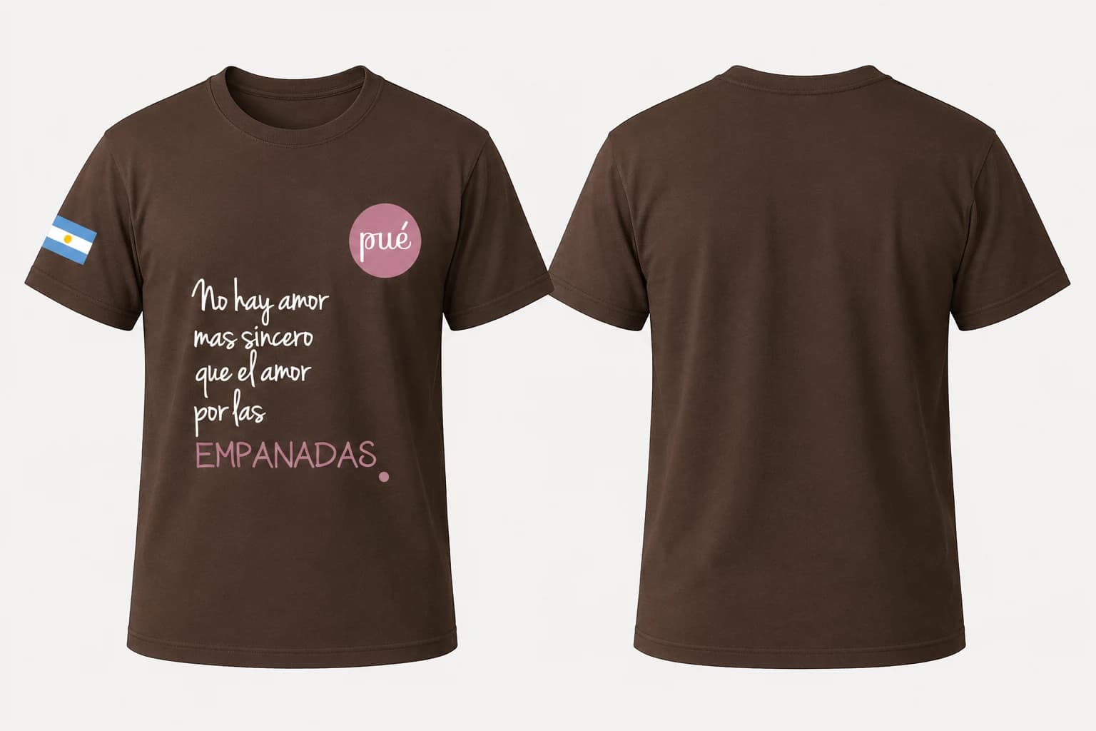 Visualización de playera chocolate Pué con frase sobre empanadas.