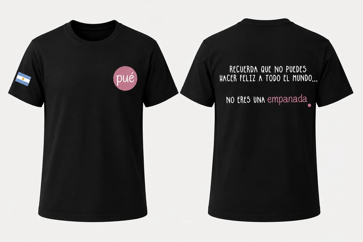 Visualización de playera negra Pué con logo, bandera argentina y frase en la espalda.