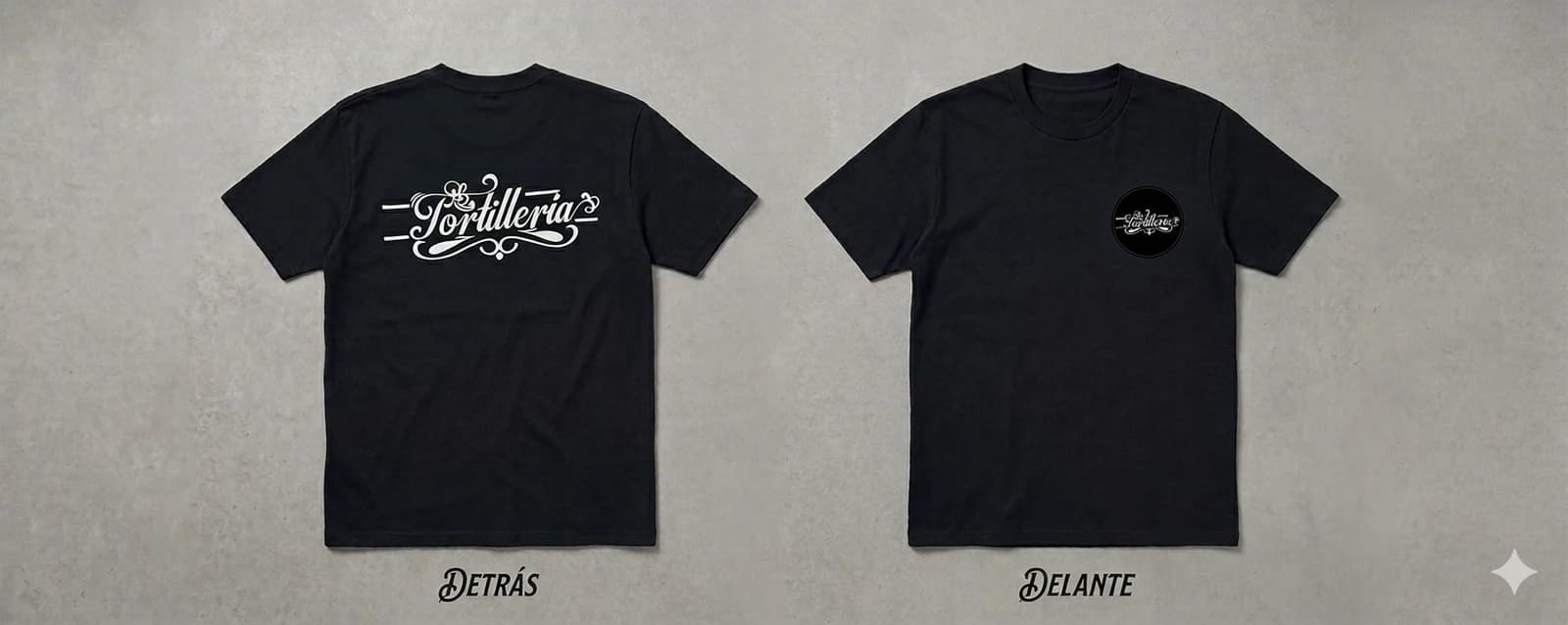 Visualización de playera negra para tortillería, frente y espalda.