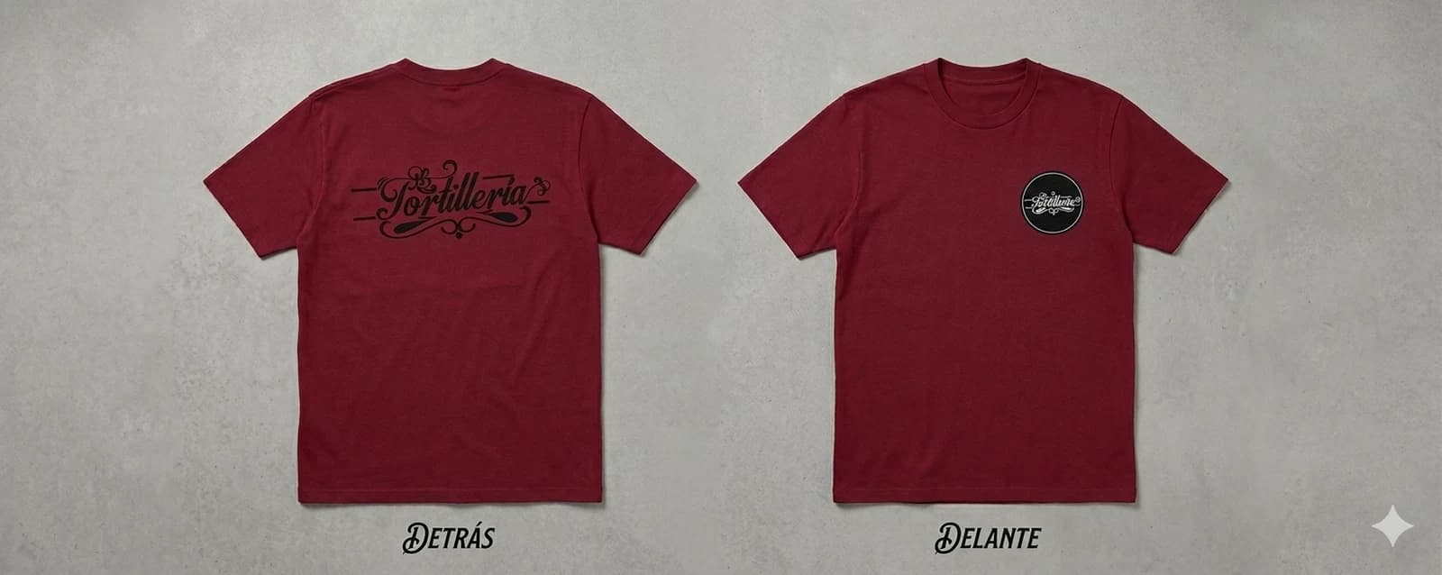 Visualización de playera roja para tortillería, frente y espalda.