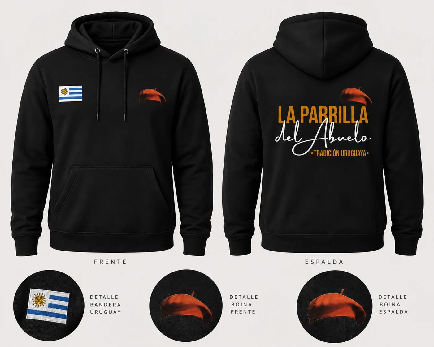 Visualización de sudadera La Parrilla del Abuelo con frente, espalda y detalles.